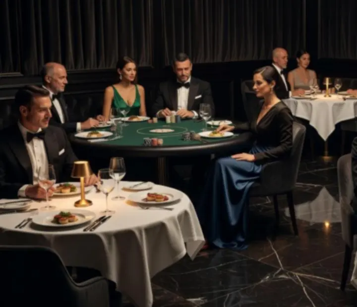 Cinematic éttermi enteriőr luxus pókerasztalokkal és hangulatos fényekkel az ElegantVenuee-ben.