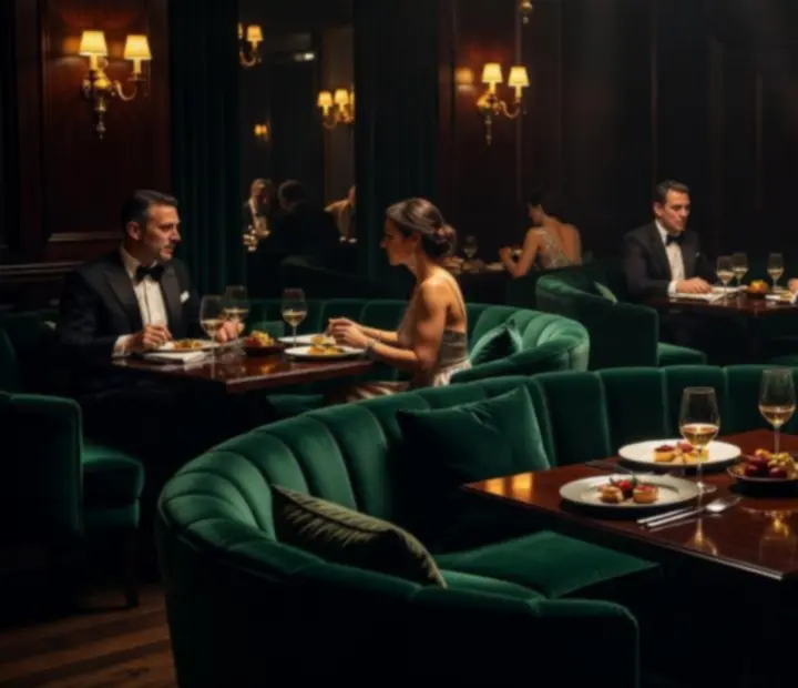 Elegáns, félhomályos fine dining étterem belső tér Budapest szívében, luxus hangulattal és prémium terítéssel.