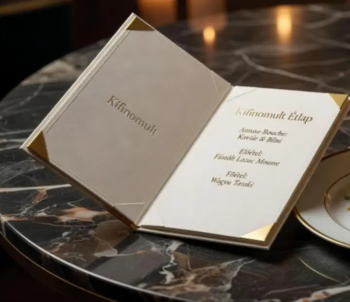 Elegáns, kinyitott éttermi menükártya sötét asztallapon, arany részletekkel és fine dining hangulattal.