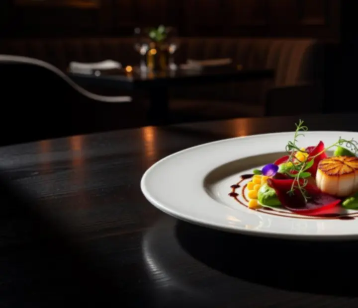 Fine dining tányér, séf által gondosan tálalt gourmet fogás elegáns megvilágításban.