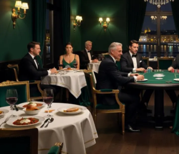 Luxus étterem enteriőr elegáns pókerasztallal és fine dining szervizzel