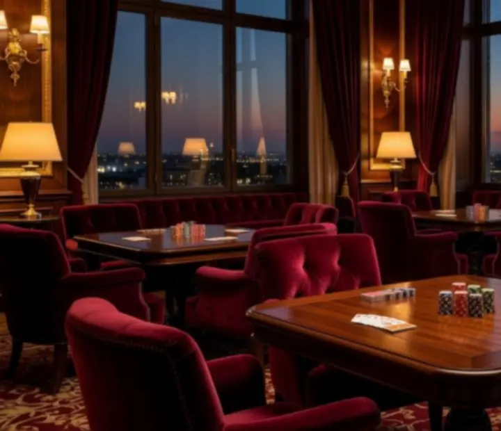 Exkluzív privát lounge tér luxus kártyaasztalokkal és hangulatvilágítással