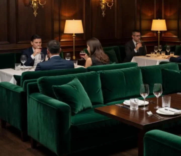Luxus lounge belső tér mélyzöld bársonykanapékkal és hangulatos esti fényekkel