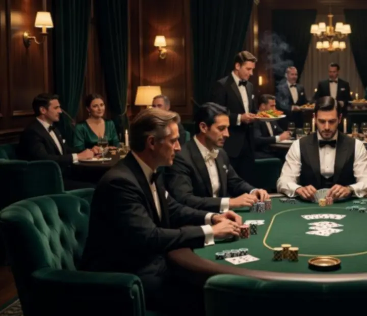 Elegáns poker lounge mélyzöld asztalokkal, professzionális krupiékkal és elegánsan szórakozó vendégekkel.